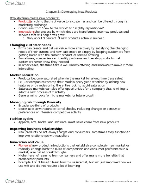 Management and Organizational Studies 2320A/B Chapter Notes - Chapter 8: Test Market, Reverse Engineering, Marketing Mix thumbnail