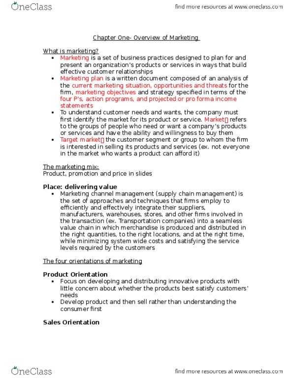 Management and Organizational Studies 2320A/B Chapter Notes - Chapter 1: Marketing Mix, Concretion, Marketing Channel thumbnail