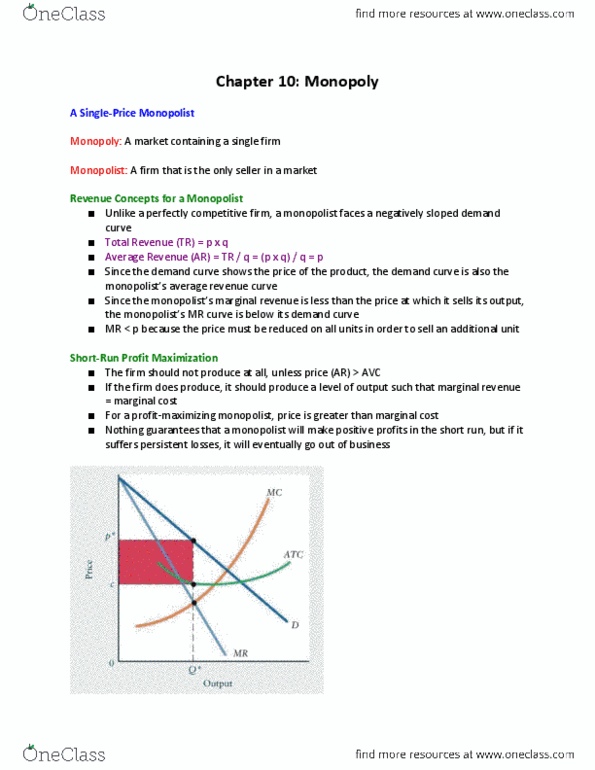 ECO100Y5 Lecture Notes - Lecture 10: Marginal Cost, Marginal Revenue, Demand Curve thumbnail