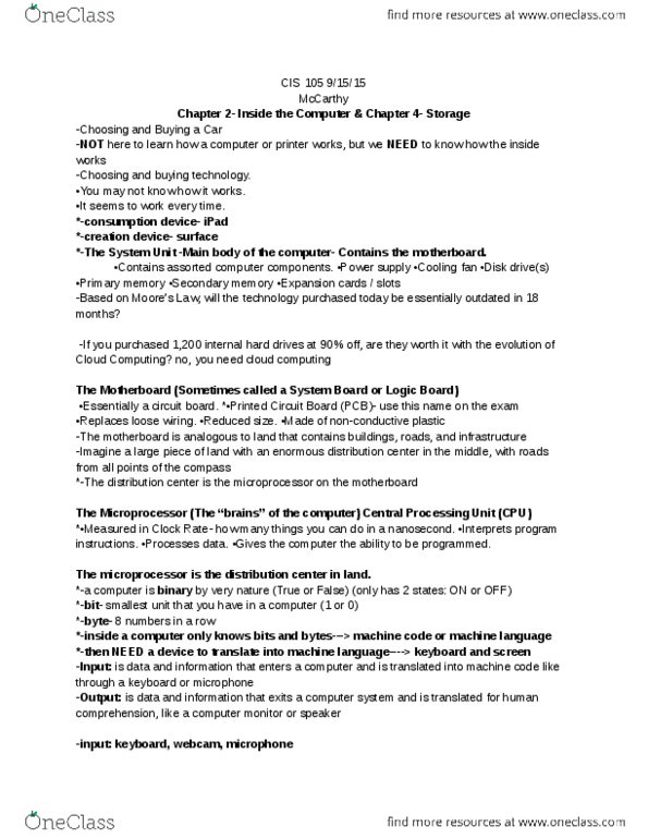 CIS 105 Lecture Notes - Lecture 5: Direct Current, Nanosecond, Machine Code thumbnail