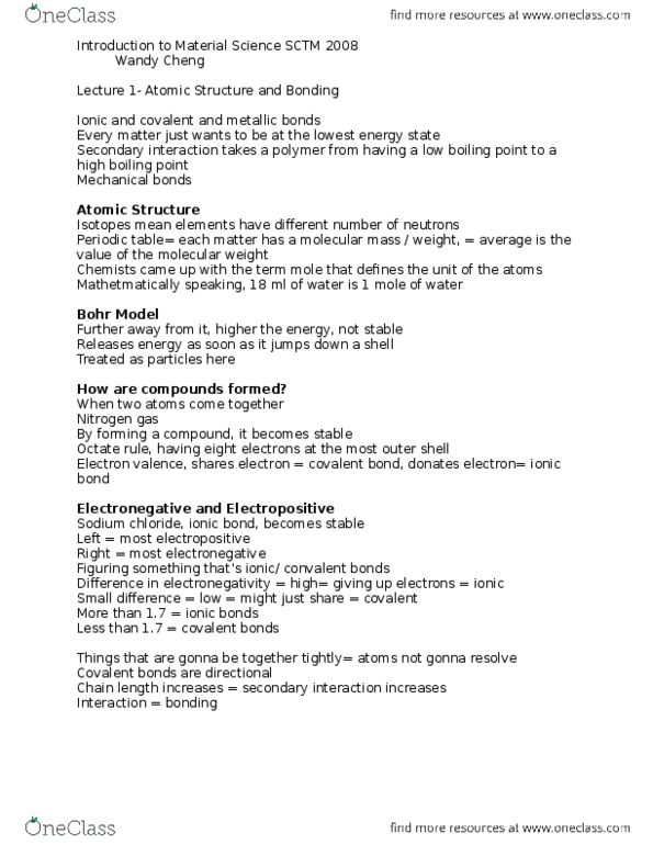 SCTM 2B09 Lecture Notes - Lecture 1: Electronegativity, Bohr Model, Ionic Bonding thumbnail