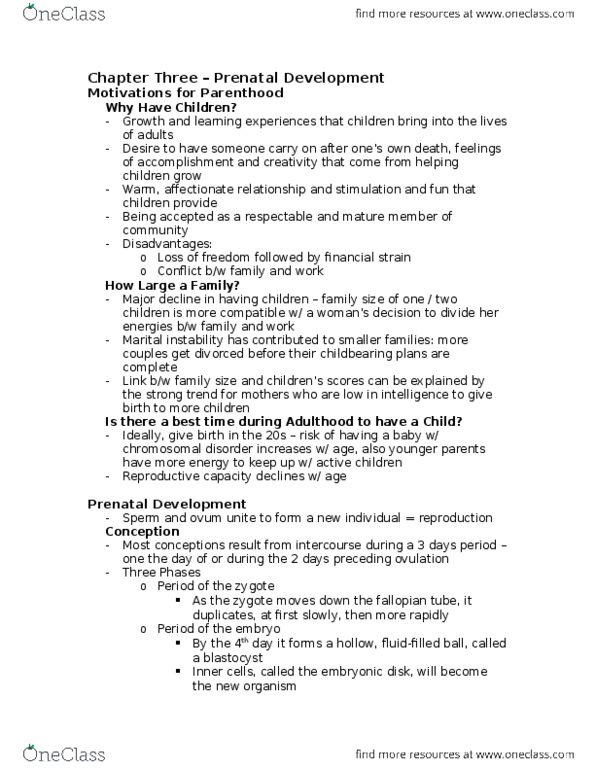 PSYCH211 Chapter Notes - Chapter 3: Rh Blood Group System, Low Birth Weight, Neural Tube thumbnail