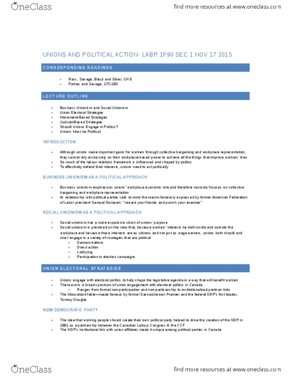 LABR 1F90 Lecture Notes - Lecture 9: Picketing, Nonpartisanism, Tactical Voting thumbnail