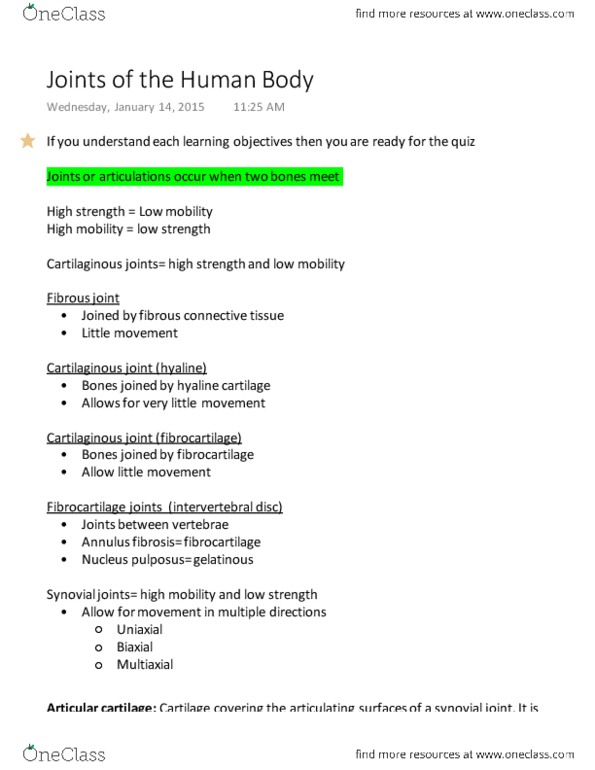 ANAT 101 Lecture Notes - Lecture 3: Hyaline Cartilage, Synovial Joint, Cartilaginous Joint thumbnail