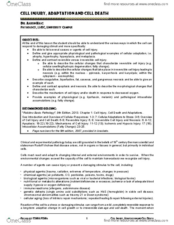 Pathology 3240A Lecture Notes - Lecture 1: Vacuole, Skeletal Muscle, Sodium-Potassium Alloy thumbnail