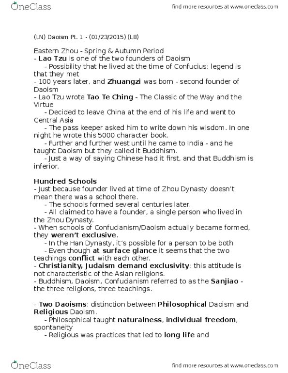 RELG 253 Lecture Notes - Lecture 8: Monism, Nondualism, Analects thumbnail