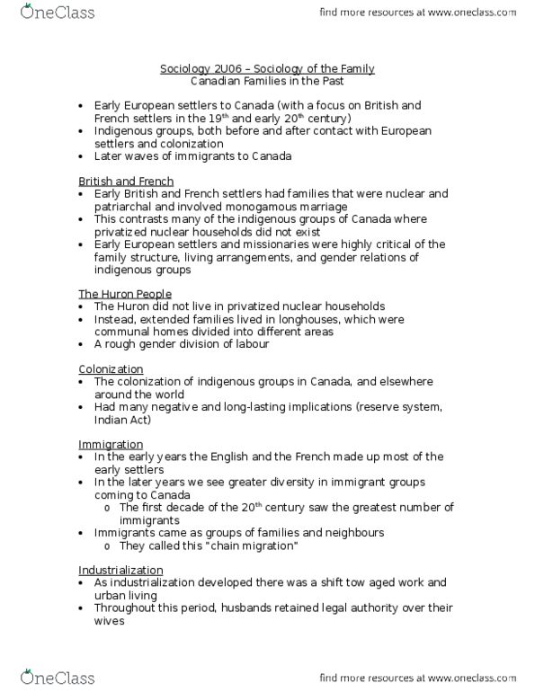 SOCIOL 2U06 Lecture Notes - Lecture 6: Chain Migration, Indian Act thumbnail