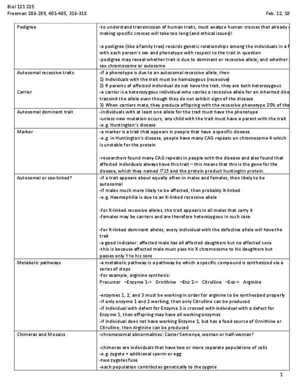 BIOL 121 Lecture : Biol 121- 2010.02.12- Genetics- Inheritance in Humans (Ch. 13, 19, 15).docx thumbnail