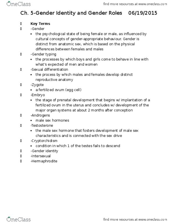 FRHD 2100 Chapter Notes - Chapter 5: Sex Organ, Turner Syndrome, Electra Complex thumbnail