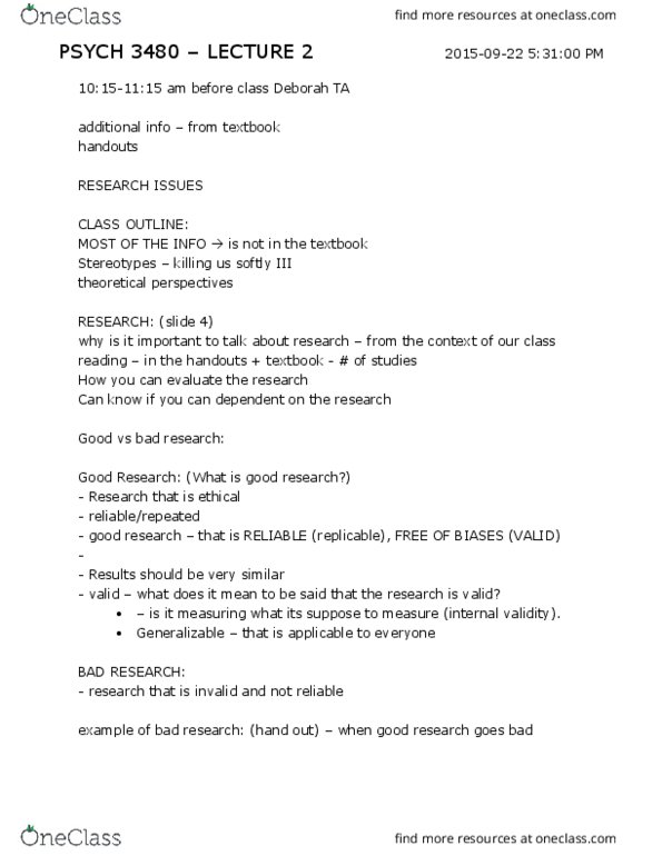 PSYC 3480 Lecture Notes - Lecture 2: Random Assignment, Internal Validity, Shared Belief thumbnail