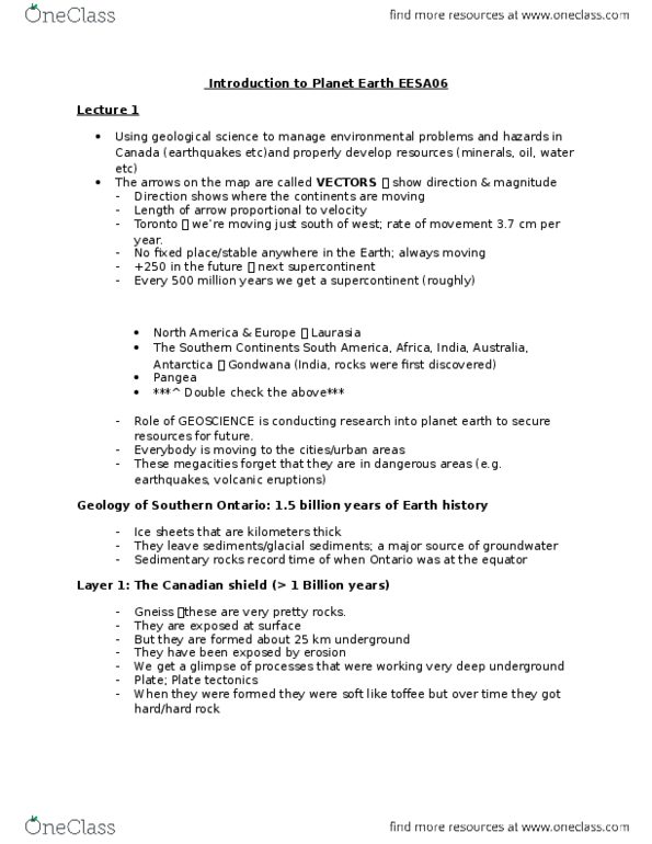 EESA06H3 Lecture 1: Planet Earth lecture notes thumbnail