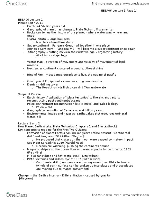 EESA06H3 Lecture Notes - Lecture 1: Frederick Vine, Basalt, Atlantic Ocean thumbnail