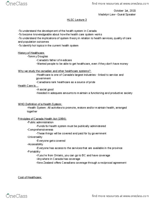 HLSC 1F90 Lecture Notes - Lecture 3: Comorbidity, Medical Equipment, Primary Healthcare thumbnail