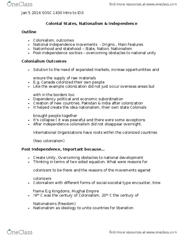 SOSC 1430 Lecture Notes - Lecture 13: Imagined Community, Collective Action, Neocolonialism thumbnail