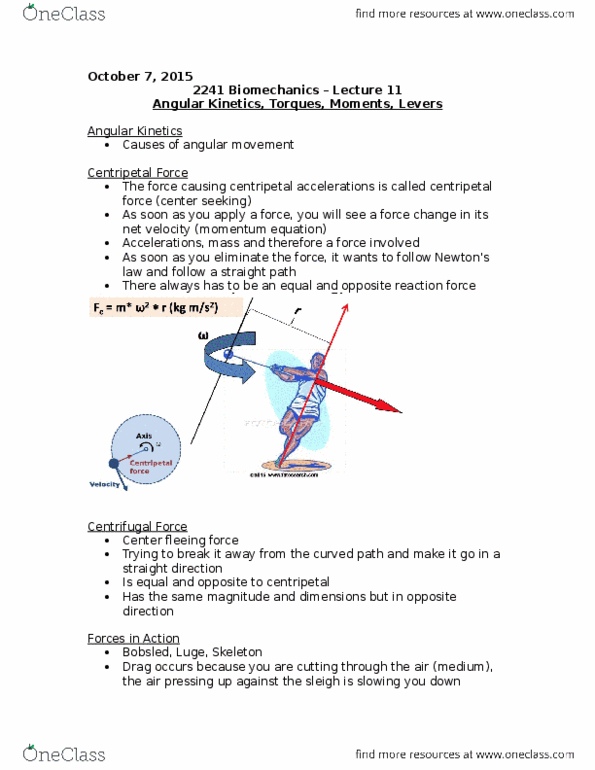 Kinesiology 2241A/B Lecture Notes - Lecture 11: Centripetal Force thumbnail