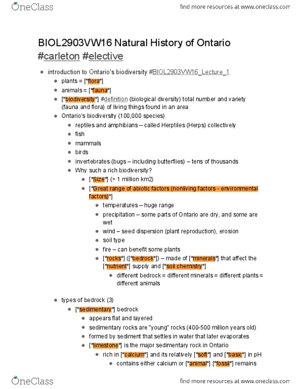BIOL 2903 Lecture Notes - Lecture 1: Canadian Shield, Carolinian Forest, Gneiss thumbnail