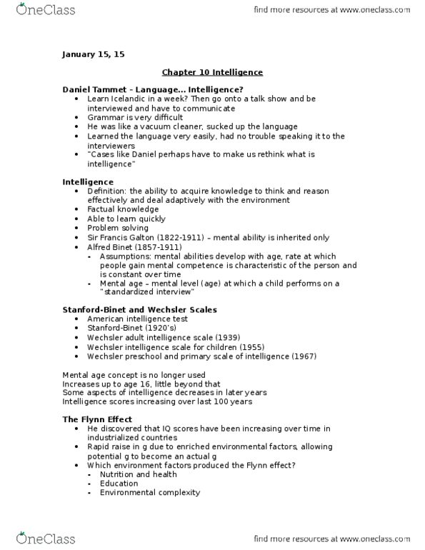 Psychology 1000 Lecture 10: Lecture 3-6 Chapter 10 January 13-20 thumbnail