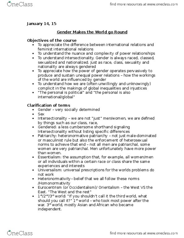 Women's Studies 1021F/G Lecture Notes - Lecture 5: Occidentalism, Essentialism, Global Governance thumbnail