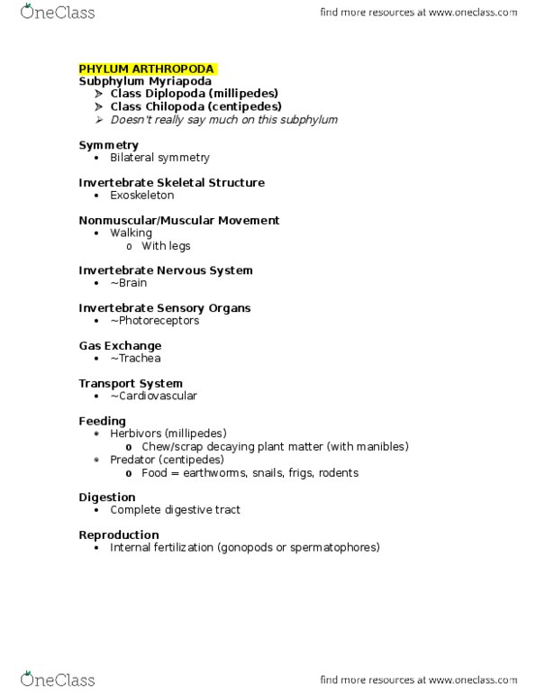 BIOL 202 Midterm: PHYLUM ARTHROPODA (Subphylum Myriapoda) - OneClass