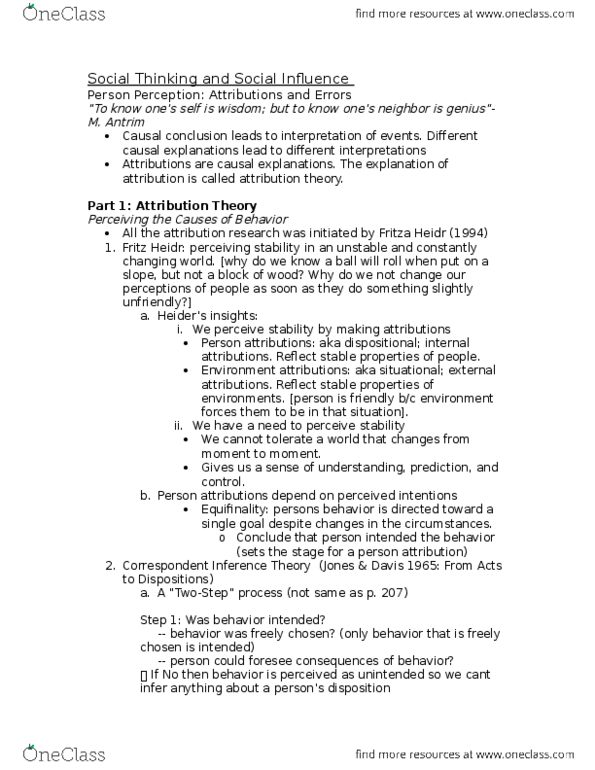 Psychology 2035A/B Lecture Notes - Lecture 7: Revised Version, Dispositional Attribution thumbnail