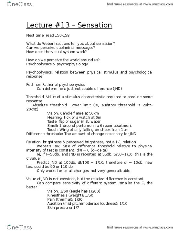 Psychology 1000 Lecture Notes - Lecture 13: Retina, Vitreous Body, Power Law thumbnail