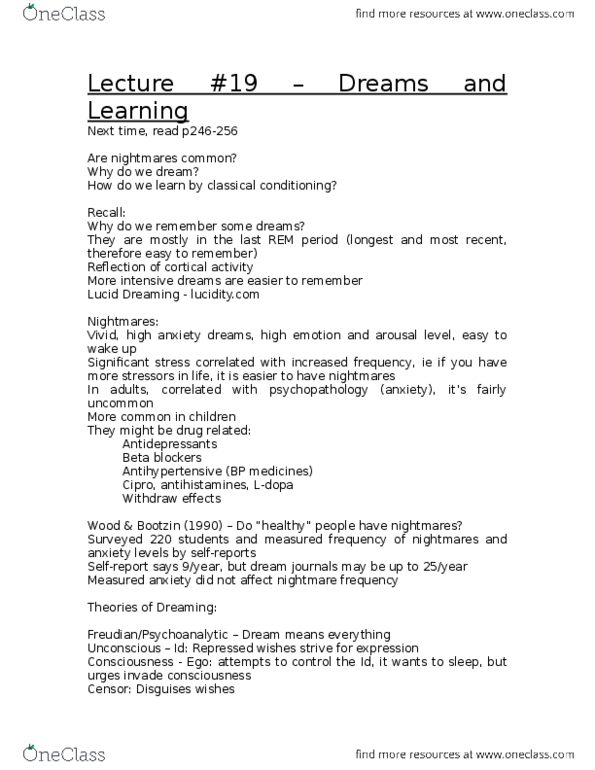 Psychology 1000 Lecture 19: Lecture 19 Dreaming& Learning thumbnail