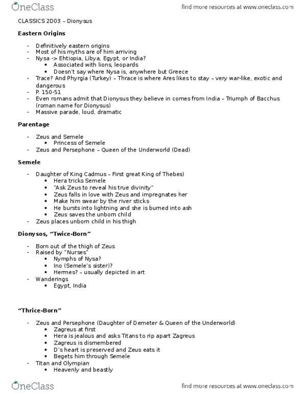 CLASSICS 2D03 Lecture Notes - Lecture 6: Silenus, Minyades, Korybantes thumbnail