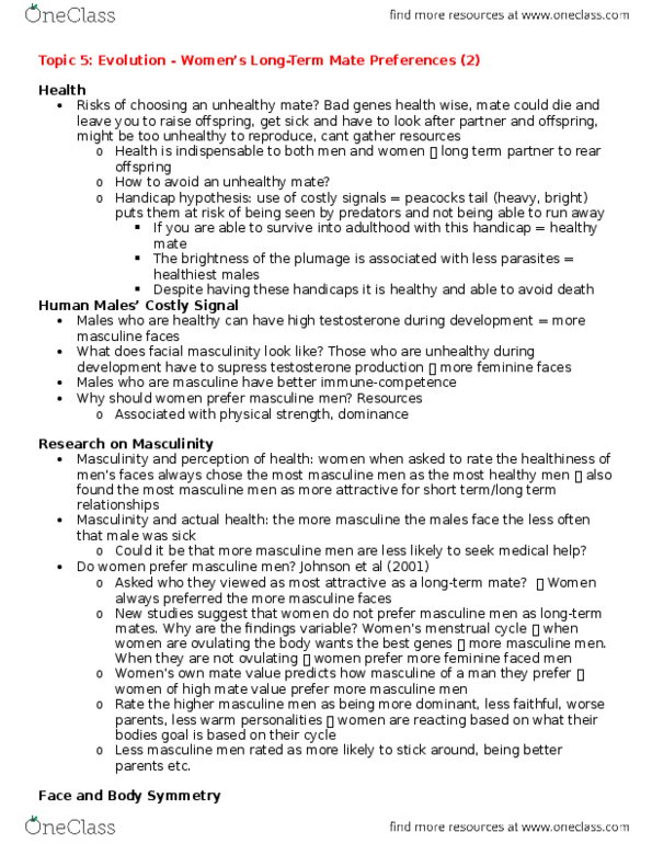 PSYCH 3AC3 Lecture Notes - Lecture 10: Handicap Principle, Masculinity thumbnail