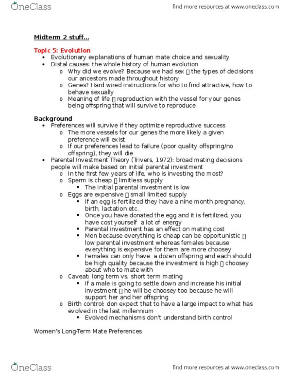 PSYCH 3AC3 Lecture Notes - Lecture 8: Parental Investment, Mate Choice thumbnail