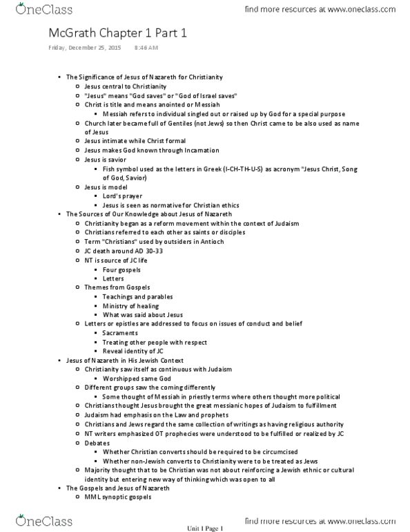 REL 1350 Chapter Notes - Chapter 1: Synoptic Gospels, Capernaum, Christian Ethics thumbnail