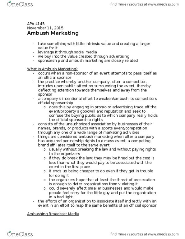 APA 4145 Lecture Notes - Lecture 7: 1988 Winter Olympics, Talking Point, Ambush Marketing thumbnail