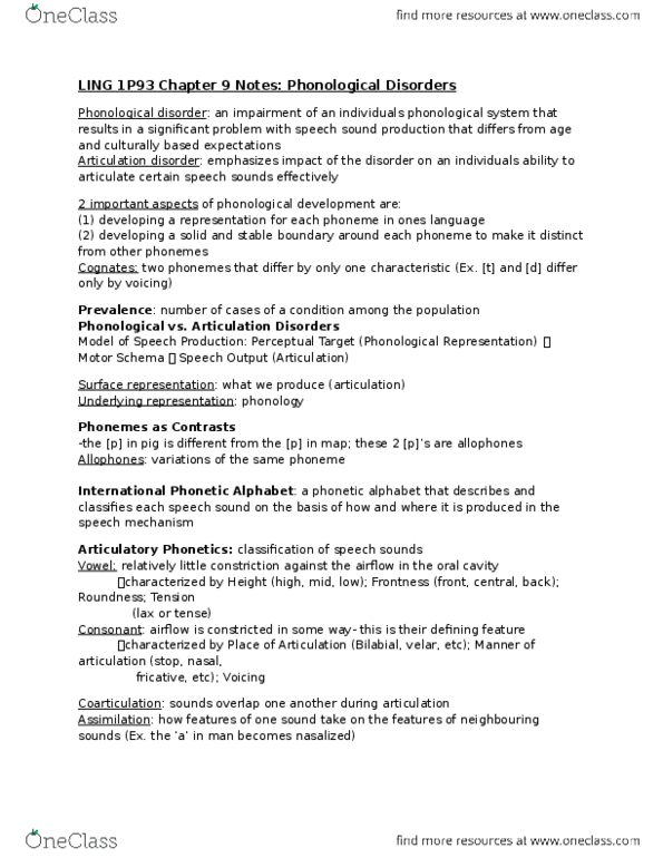 LING 1P93 Chapter Notes - Chapter 9: Cleft Lip And Cleft Palate, Phonological Awareness, Effusion thumbnail