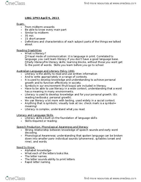 LING 1P93 Lecture Notes - Lecture 9: Hyperlexia, Access Communications, Multiple Sclerosis thumbnail