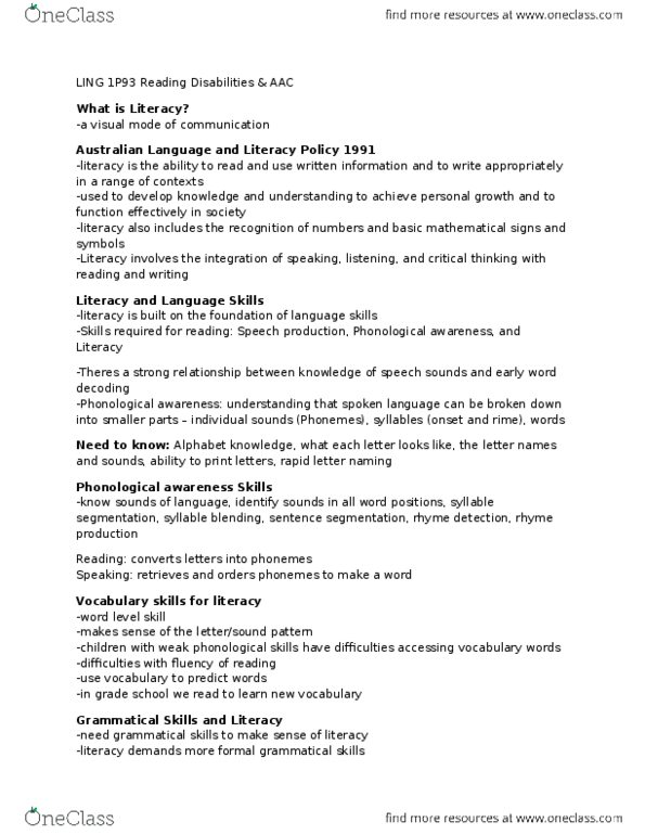 LING 1P93 Lecture Notes - Lecture 4: Language Delay, Dyslexia, Augmentative thumbnail