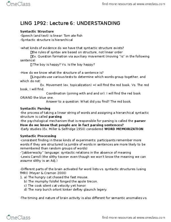 LING 1P92 Lecture Notes - Lecture 6: Eye Tracking, Grammaticality, Implicature thumbnail