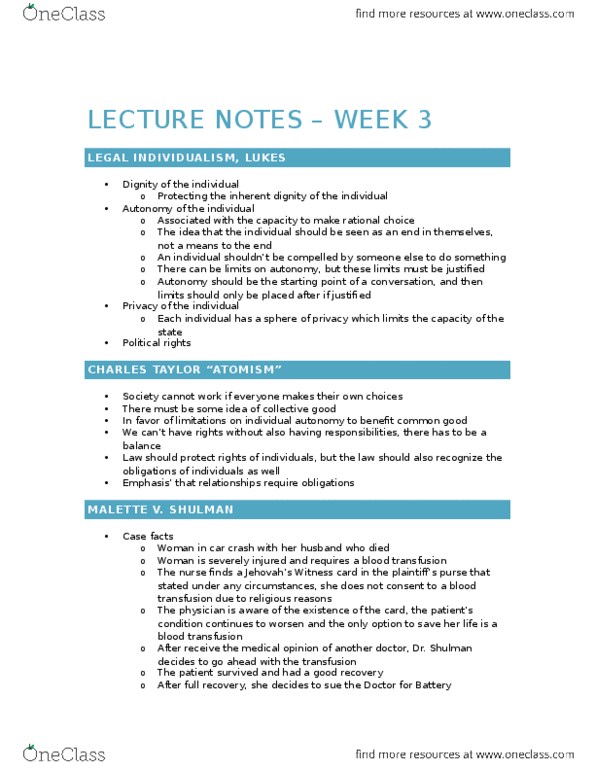 LAWS 2201 Lecture Notes - Lecture 3: Therapeutic Abortion Committee, Fetus, Legal Personality thumbnail