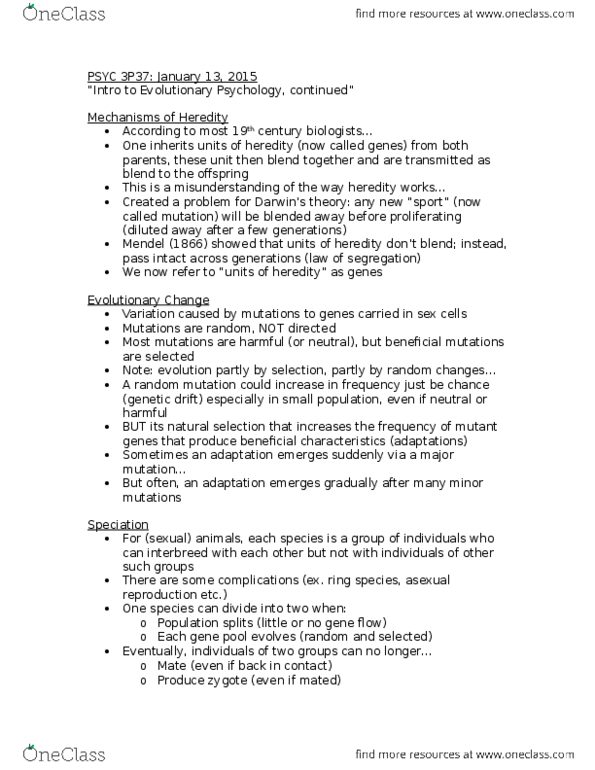 PSYC 3P37 Lecture Notes - Lecture 2: Anisogamy, Ecological Niche, Allopatric Speciation thumbnail