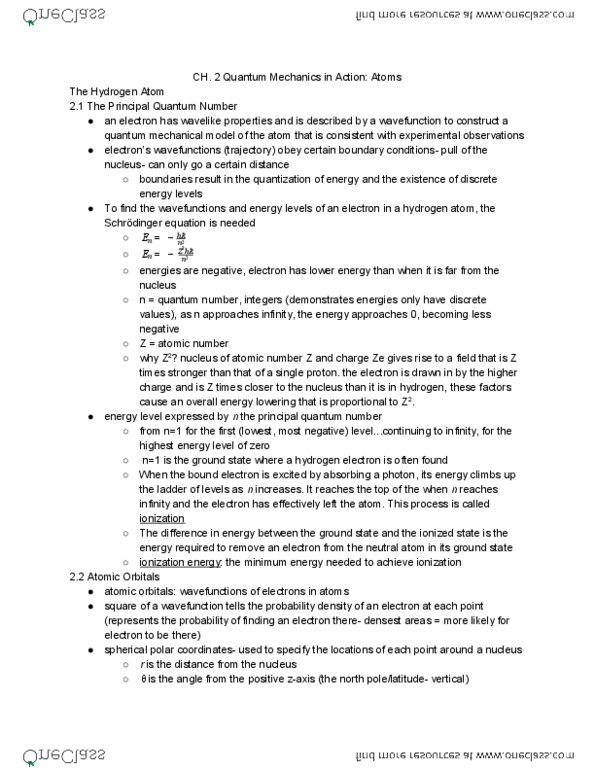 CHEM 14A Chapter Notes - Chapter 2: Spherical Coordinate System, Wave Function, Atomic Number thumbnail