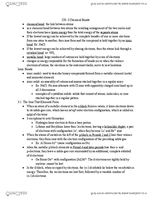 CHEM 14A Chapter Notes - Chapter 3: Electron Configuration, Ionic Compound, Ionic Bonding thumbnail