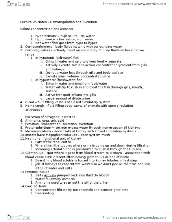 BSCI 207 Lecture Notes - Lecture 25: Osmoregulation, Hemolymph, Osmotic Concentration thumbnail