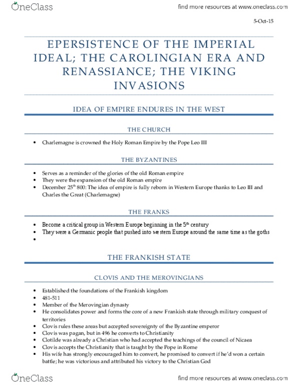 HIST-0053 Lecture Notes - Lecture 6: Pope Leo Iii, Merovingian Dynasty, Papal Primacy thumbnail