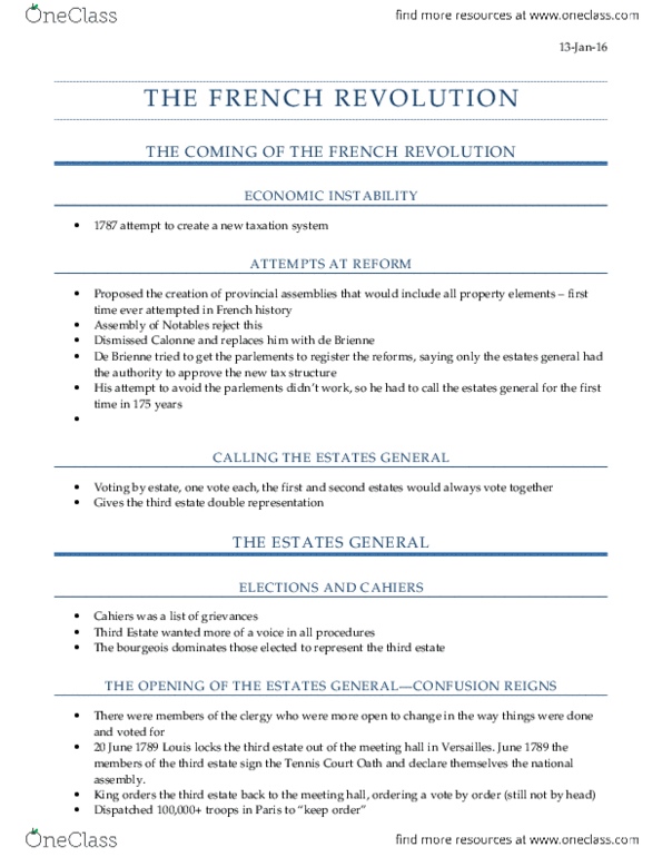 HIST-0053 Lecture Notes - Lecture 23: Tennis Court Oath, Charles Alexandre De Calonne, Flight To Varennes thumbnail