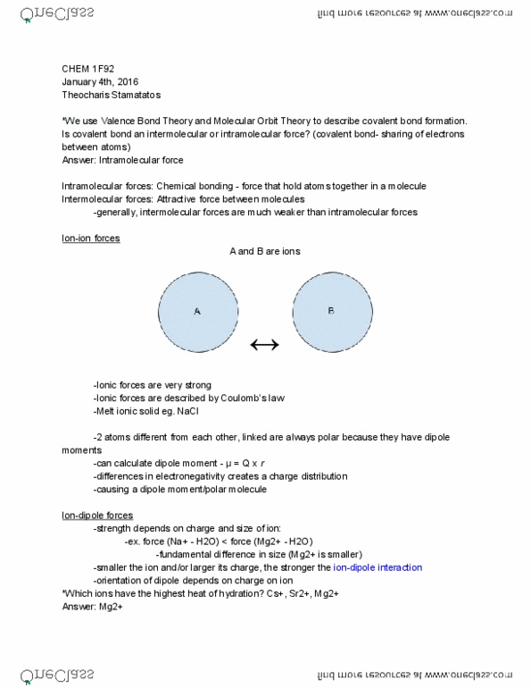 CHEM 1F92 Lecture Notes - Lecture 1: Valence Bond Theory, Intramolecular Force, Intermolecular Force thumbnail