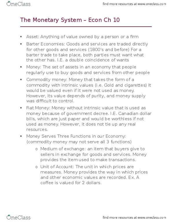 ECON 105 Lecture Notes - Lecture 10: Commodity Money, Canadian Dollar, Barter thumbnail