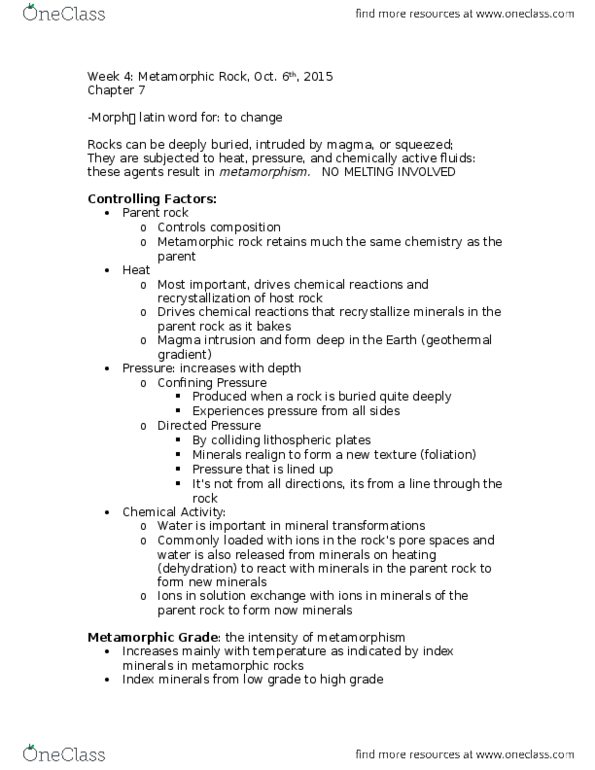 Earth Sciences 1022A/B Lecture Notes - Lecture 4: Metamorphic Rock, Geothermal Gradient, Parent Rock thumbnail