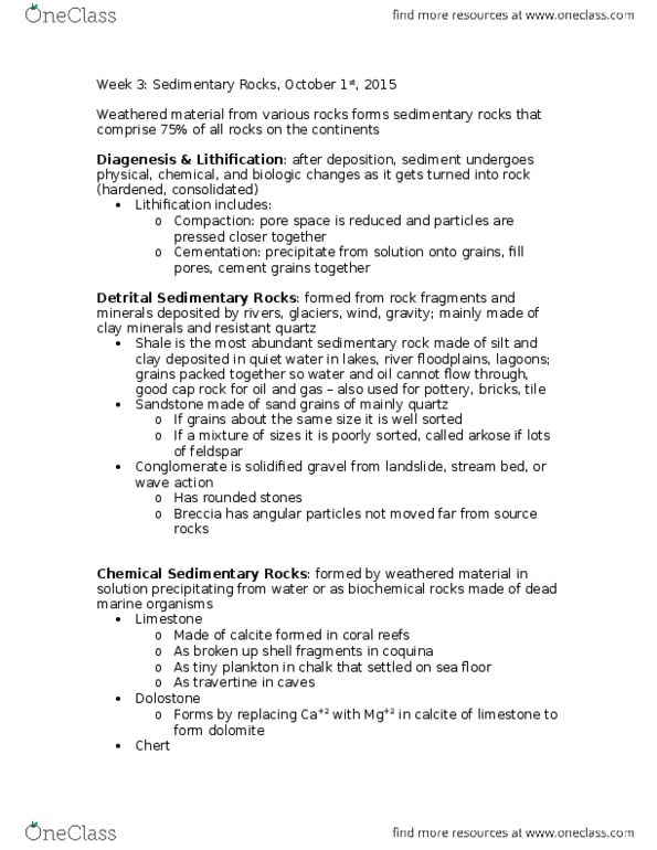 Earth Sciences 1022A/B Lecture Notes - Lecture 3: Clay Minerals, Lithification, Diagenesis thumbnail