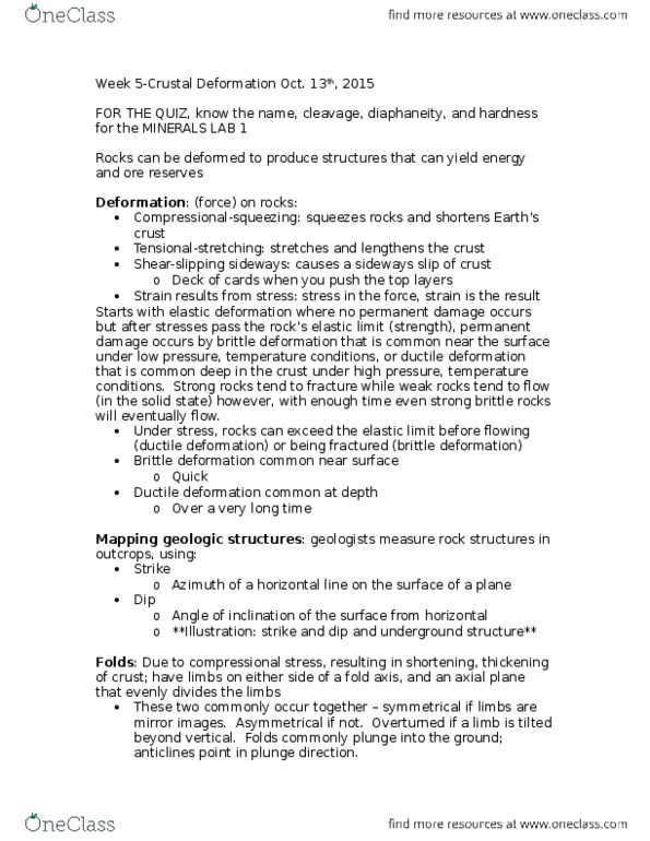 Earth Sciences 1022A/B Lecture Notes - Lecture 5: Transparency And Translucency, Slickenside, Monocline thumbnail