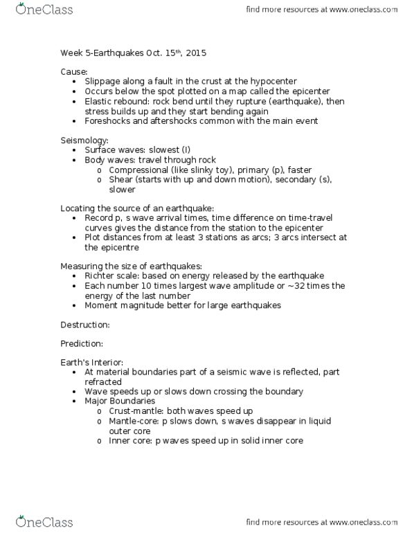 Earth Sciences 1022A/B Lecture Notes - Lecture 5: Hypocenter, Seismic Wave, Epicenter thumbnail