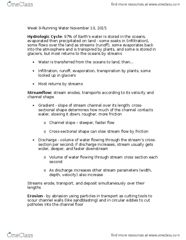 Earth Sciences 1022A/B Lecture Notes - Lecture 9: Abrasive Blasting, Transpiration, Bed Load thumbnail