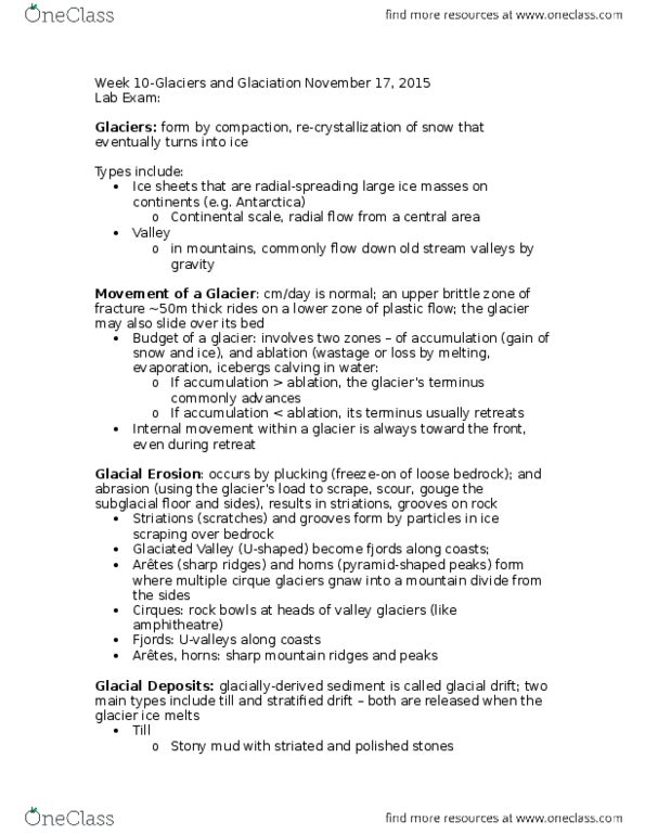 Earth Sciences 1022A/B Lecture Notes - Lecture 10: Glacier Terminus, Continental Drift, Global Cooling thumbnail